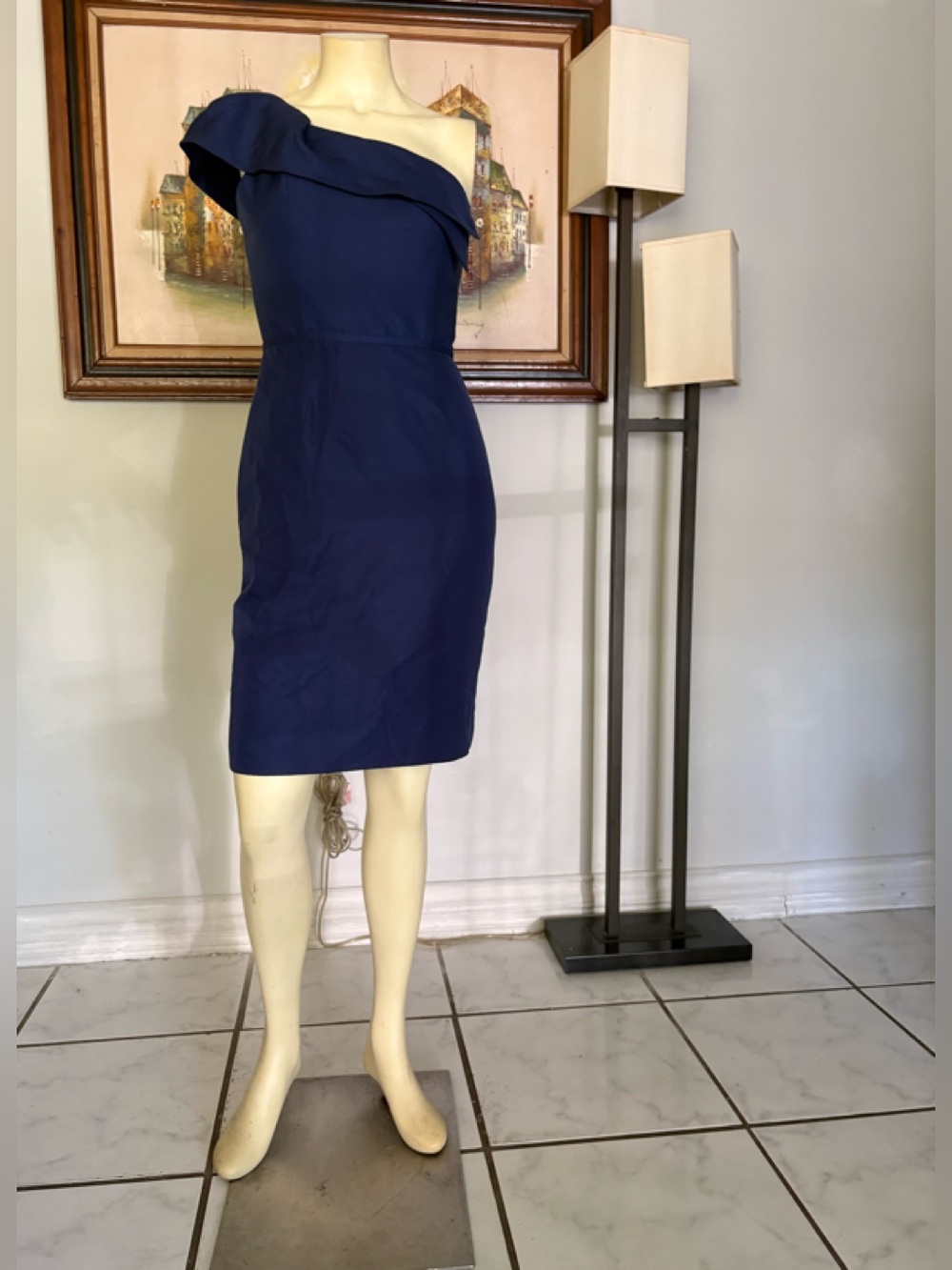 Lela Rose Silk One-Shoulder Navy Ruffle Cocktail Dress Size 4